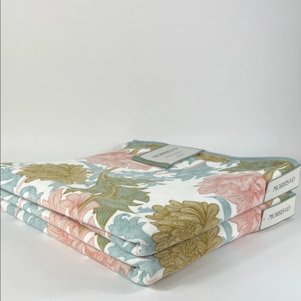 William Morris Bath Towels Pink Blue English Garden Cotton Velour Set of 2 NEW